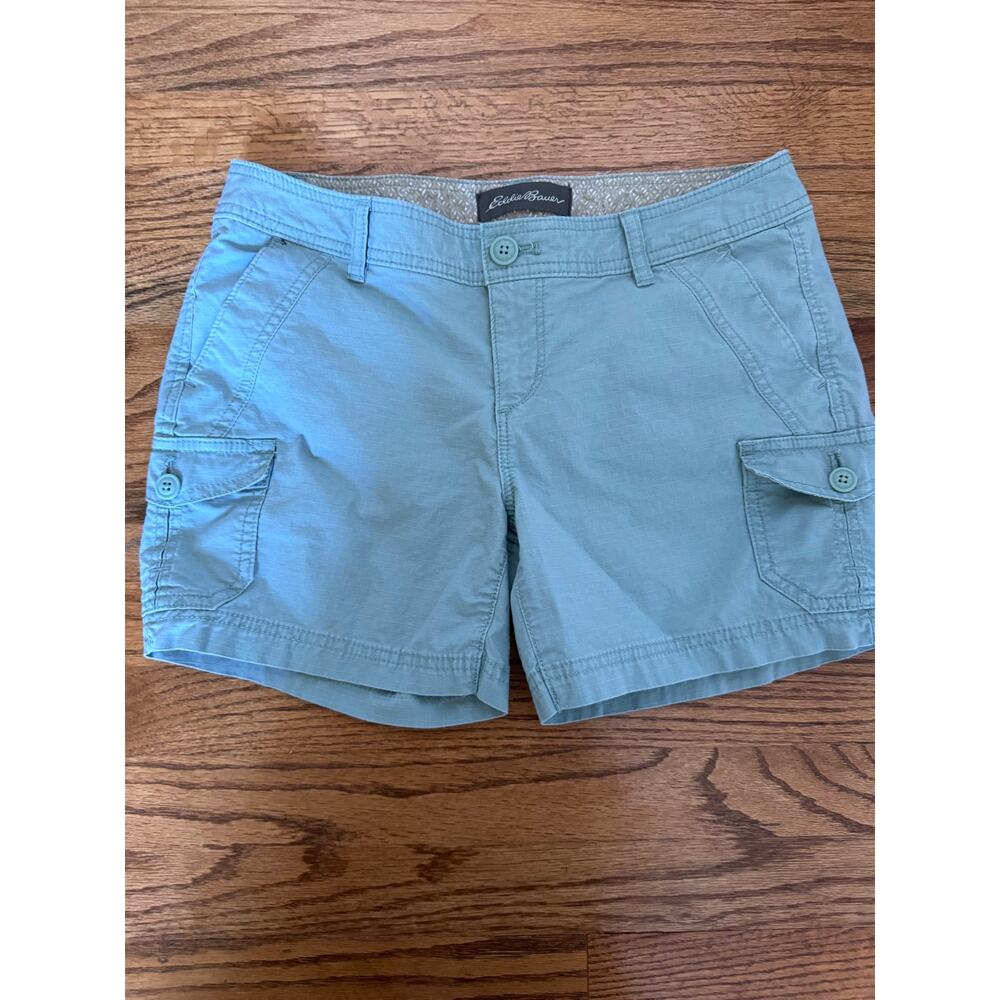Eddie Bauer Ladies 2P Blue Gray Shorts 98% Cotton Pockets Button Zip Closure